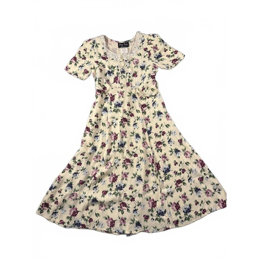 Vintage Girls Floral Prairie Dress Size 12 Lace Collar Cottagecore 90s